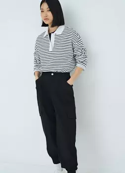 Лонгслив-поло в полоску, Черный