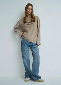 Лонгслив с эффектом стирки, Бежевый