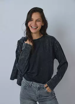 Лонгслив с эффектом стирки, Серый