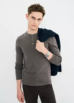 Лонгслив с воротником хенли, Коричневый