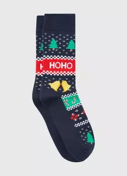 Махровые носки с новогодним рисунком, Синий