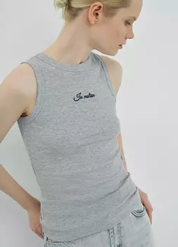 Майка в рубчик с вышивкой, Серый
