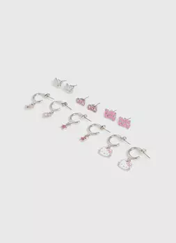 Набор серёг Hello Kitty для девочек, 6 пар, Серебряный