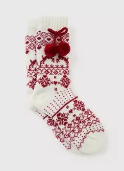 Носки с новогодним рисунком и помпонами, Белый