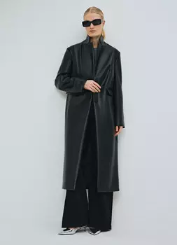 Однобортное пальто из искусственной кожи, Черный