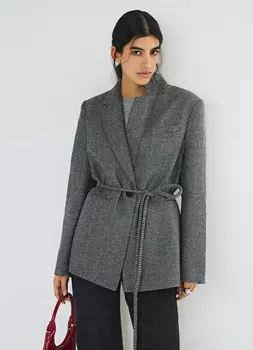 Однобортный жакет с тонким поясом, Серый