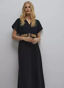 Платье из хлопка и льна с поясом, Черный