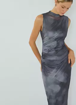 Платье из сетки с асимметричными сборками, Серый