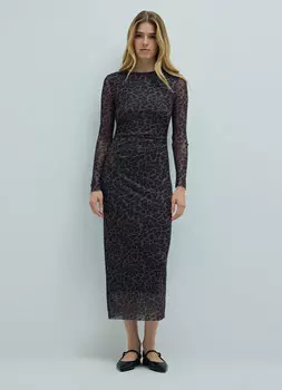 Платье миди из сетки со сборками, Серый