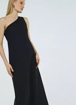 Платье миди изо льна на одно плечо, Черный