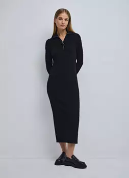 Платье миди с воротником на молнии, Черный