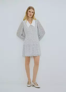 Платье мини из шифона в горошек, Белый
