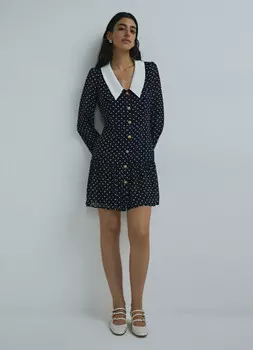 Платье в горошек с контрастным воротником, Синий