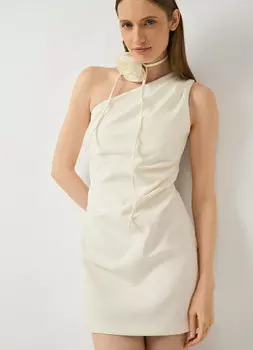 Платье на одно плечо с цветком, Белый