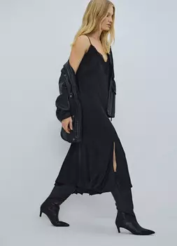 Платье на тонких бретелях с кружевом, Черный