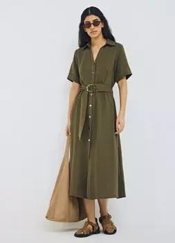 Платье-рубашка с поясом, Зеленый