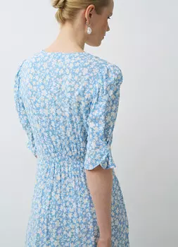 Платье с V-образным вырезом из вискозы, Голубой