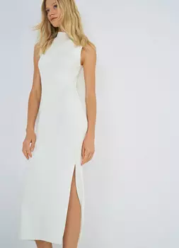 Платье в рубчик с воротником-стойкой, Белый