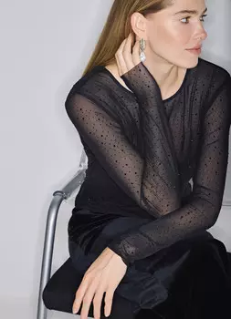 Полупрозрачный лонгслив со стразами, Черный