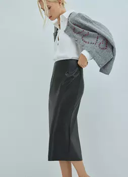 Прямая юбка миди из искусственной кожи, Черный