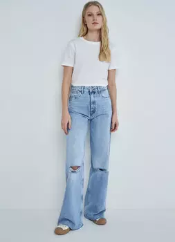 Прямые джинсы с порезами, Голубой