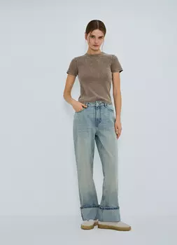 Прямые джинсы средней посадки с отворотами, Голубой