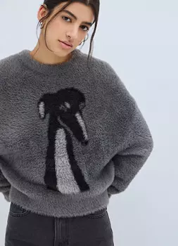 Пушистый джемпер с принтом собаки, Серый