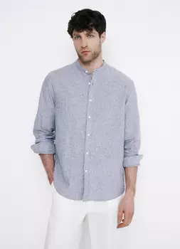 Рубашка из смесового льна с воротником мао, Синий