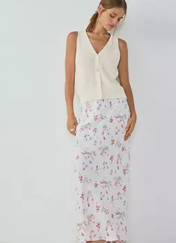 Сатиновая юбка макси с принтом, Белый