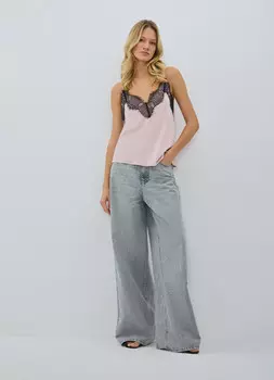 Сатиновый топ с кружевом, Розовый