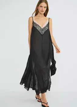 Шифоновое платье А-силуэта с кружевом, Черный