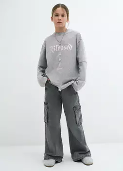 Широкие джинсы с карго-карманами для девочек, Серый