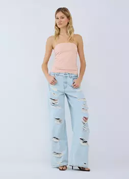 Широкие джинсы с рваным дизайном, Голубой