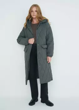 Стёганое пальто с капюшоном и поясом, Зеленый