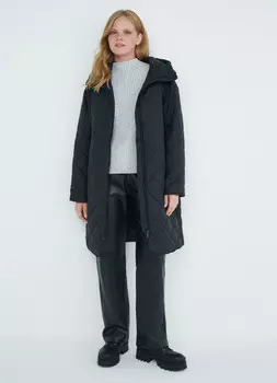 Стёганое пальто с капюшоном на широкой тесьме, Черный
