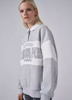 Свитшот с воротником-поло и принтом, Серый