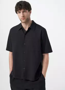 Трикотажная рубашка из фактурного полотна с коротким рукавом, Черный