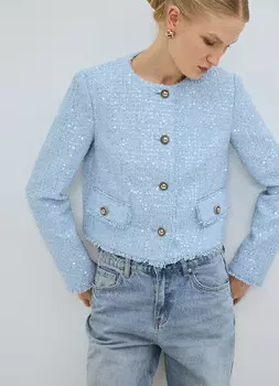 Твидовый однобортный укороченный жакет, Голубой