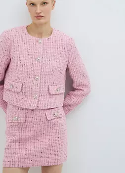 Твидовый однобортный укороченный жакет, Розовый