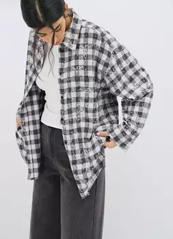 Удлинённая рубашка в клетку, Серый