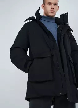 Удлинённая утеплённая куртка из плотной ткани, Черный