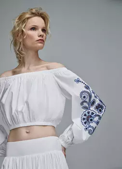 Укороченная блузка с открытыми плечами, Белый