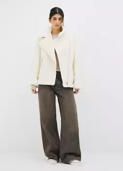 Укороченная дублёнка с искусственным мехом, Бежевый