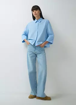 Укороченная хлопковая рубашка с эффектом стирки, Голубой