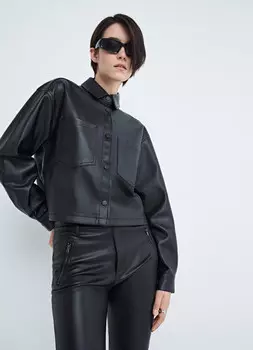 Укороченная рубашка из экокожи, Черный