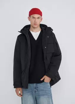 Утеплённая куртка с капюшоном и карманами, Черный
