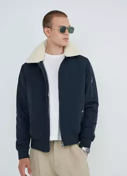 Утеплённый бомбер с меховым воротником, Синий