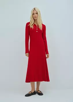 Вязаное платье миди с воротником-поло, Красный