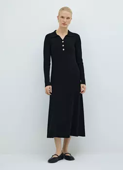Вязаное платье миди с воротником-поло, Черный