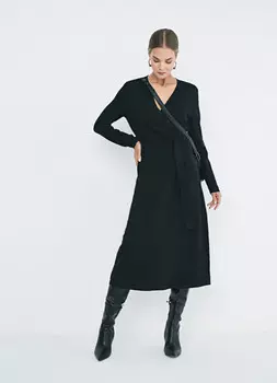 Вязаное платье на запах с поясом, Черный